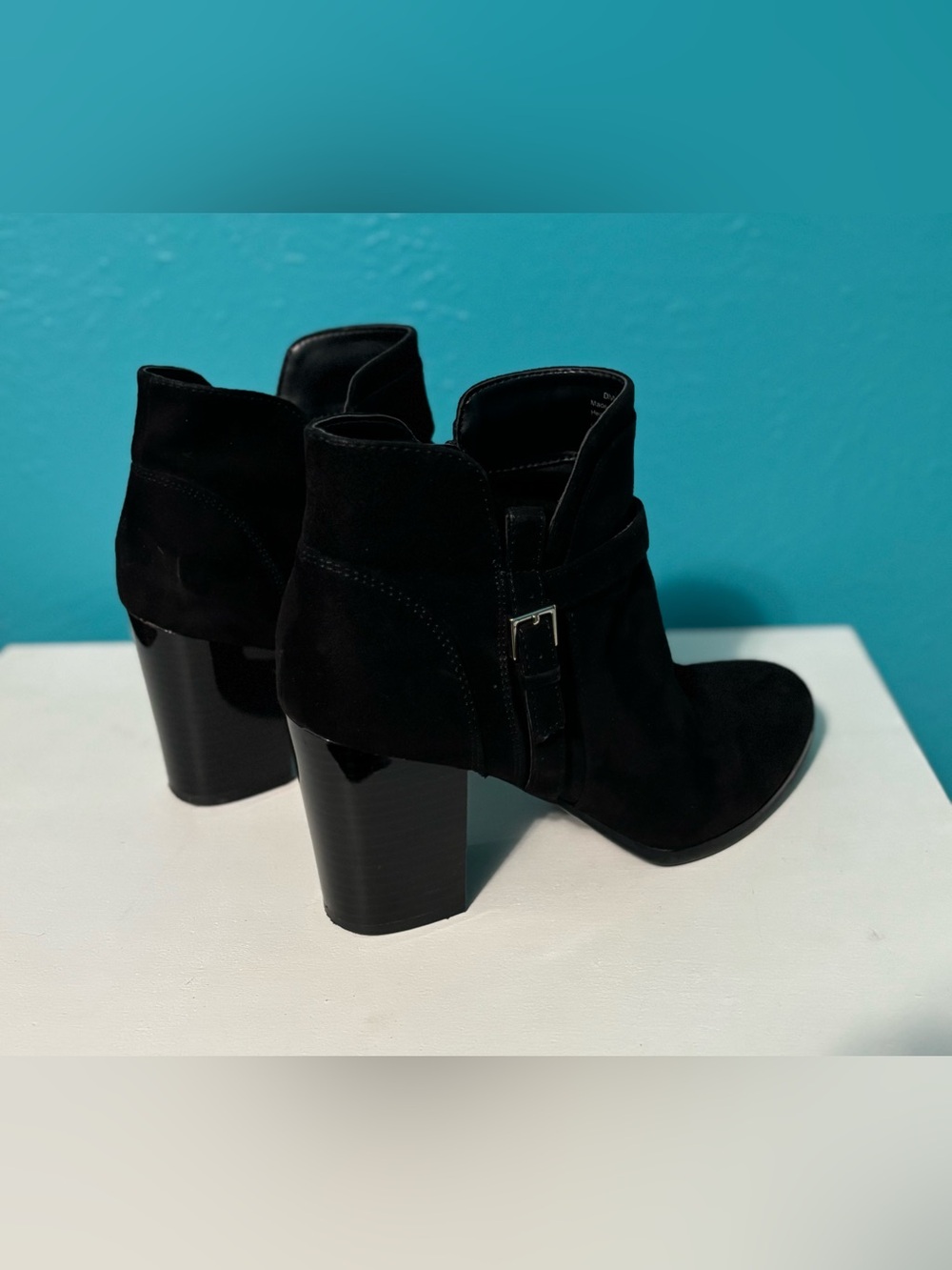 Women's Black Suede Ankle Booties with Block Heel and Buckle Sz: 7.5
